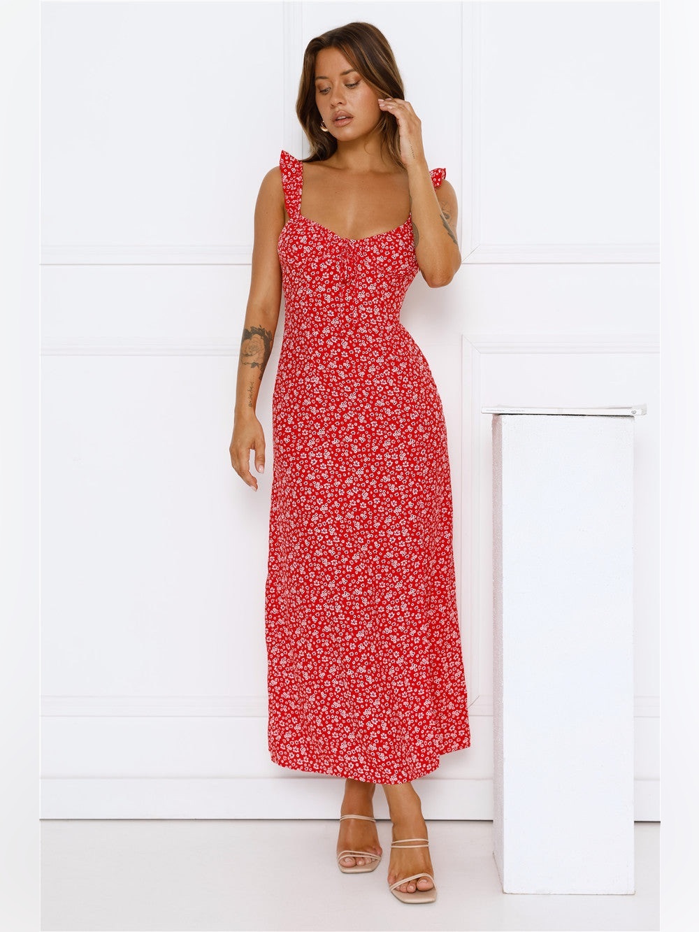 Hello Molly Red Ditsy Floral Here To Slay Maxi Dress Blue White women size XS